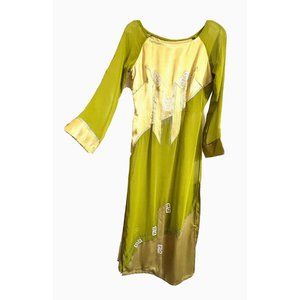 Asian Chinese Long Maxi Sheer Cocktail Dress Size S Green Metallic Silver